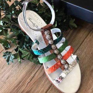 BEVERLY FELDMAN ANKLE STRAP CROCO EMBOSSED LEATHER SANDALS Silver/Multi …